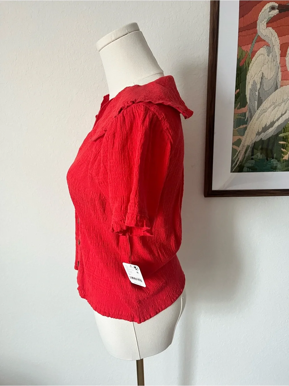 Free People 97% Cotton, Coral Short Sleeve Blouse with Peter Pan Collar
